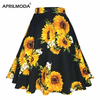 

2019 Summer Vintage Casual Skirt Plus Size Floral Sunflower Printed Skater Skirts Swing Zipper Midi Women Pleated Retro Vestidos