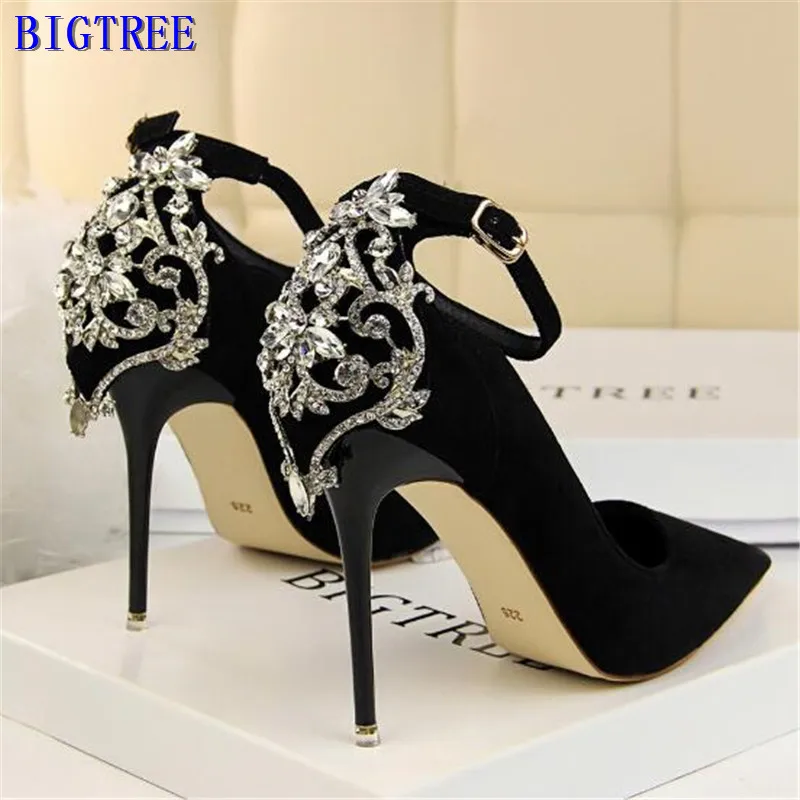 

Elegant Crystal Pointed Toe Wedding Shoe Women's Pumps Solid Flock Fashion Buckle Shallow High Heels Shoes for Women