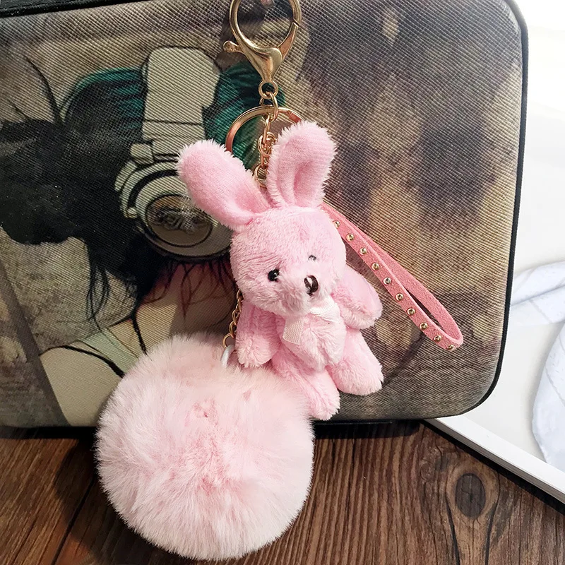 Милый розовый кролик пушистый плюшевый брелок для женщин девочек животных помпон искусственный мех брелок сумка подвесные шармы Ювелирные украшения подарок брелок