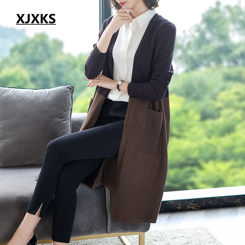 Purple Brown XJXKS Женский Длинный трикотажный свитер Осенняя мода плюс размер длинный рукав кардиган мягкая свободная элегантная женская осенняя одежда - Цвет: Purple Brown