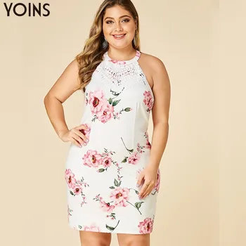 

YOINS Sexy Backless Floral Bodycon Sleeveless Halter Dress 2020 Summer Stylish Lace Vintage Beach Dresses Sundress Plus Size