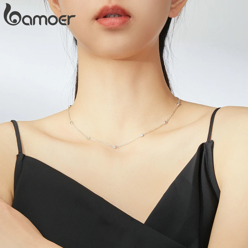 bamoer CZ Link Chain Necklace Female Choker Necklace Luxury Jewelry Short Metal Necklaces 925 Sterling Silver Jewelry SCN393 - Image 2