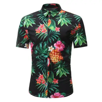 

Hawaiian Style beach man Shirts pineapple leaf print lapel shirt men's casual floral shirt