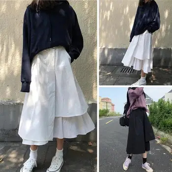 

Women Lady Casual Solid Color Loose High Waist Pleated Irregular Hem Long Skirt