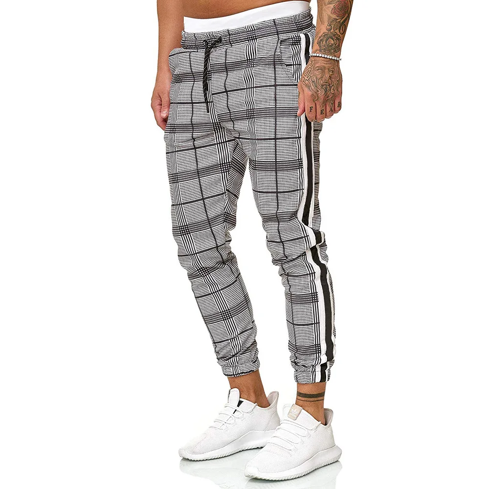 

2019 New Style Ouma Men Fashion Webbing Joint Plaid Drawstring Casual Ankle Banded Pants 7153