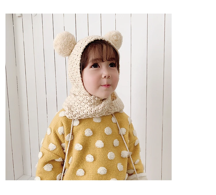 Children Knitted Hat Autumn and Winter Toddler Girl Neck Ear Protection One Baby Winter Warm Wind Hat Small Ball Baby Girl Cap