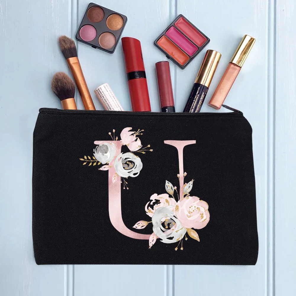 Women's Cosmetic Makeup Bags Female Organizer Pink Flower 26 Letters School Pencil Cases Carrying Bag for Coin Purse