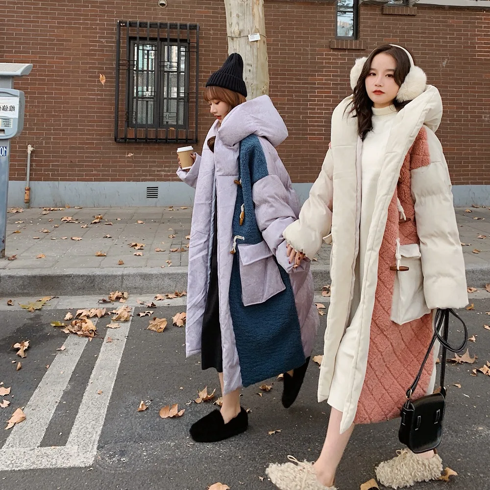 

Photo Shoot Toggle Lambs Wool Contrast Color Cotton Overcoat 2019 Winter New Style Retro Laziness-Style Hooded Cotton Coat Women