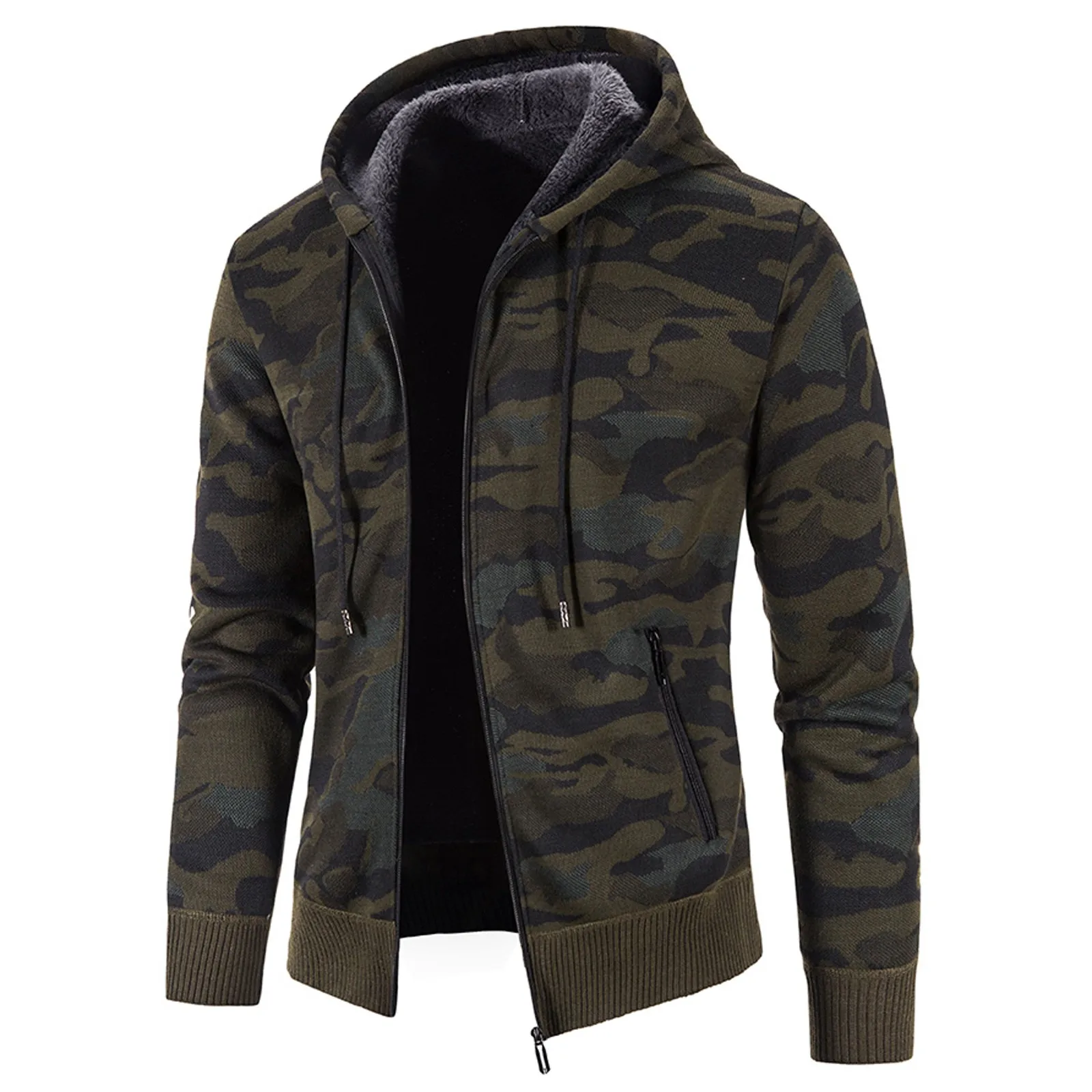 Camouflage Cardigan Coat Men Winter Long Sleeved Warm Cardigan 2021 Casual Plus Velvet Hooded Sweater Jacket Outwear for Man 2