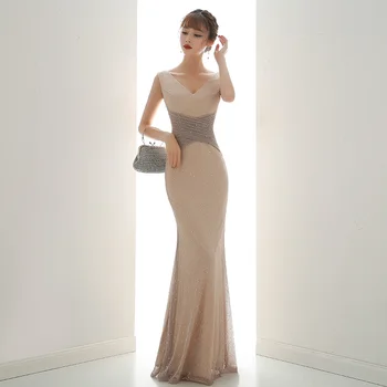 

Women Elegant Champagne Cheongsam Noble Rhinestone Mesh Gown Sexy V-neck Qipao Maxi Dress Lady Slim Mermaid Formal Party Gown