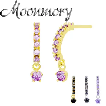 

Moonmory 925 Sterling Silver Full Purple Zircon Half Circle Pendant Drop Earring For Women New Black CZ Piercing Earring Jewelry
