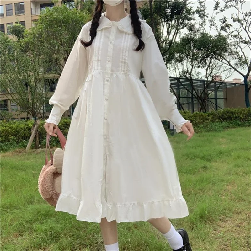 Japanese Fashion Sweet Kawaii Elegant White Dress 2020 Autumn Peter Pan Collar Long Sleeve A-Line Loose Dresses Woman Clothing
