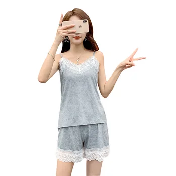 

YAHOUHEI 2020 Summer New Suspender Pajamas Women Comfortable Sexy Lace V-Neck Home Set 2 Sets