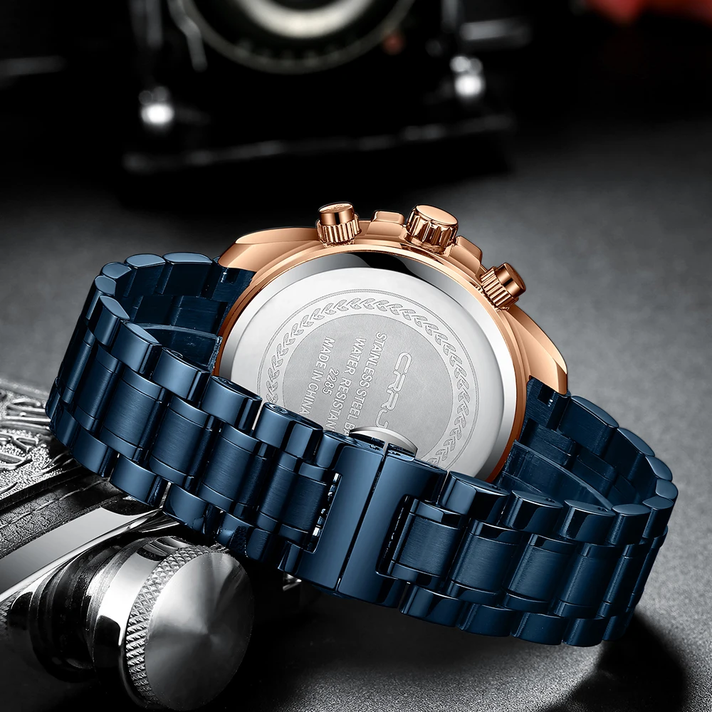 Crrju New Fashion Stainless Steel Mens Watches Top Brand Luxury Multi-Function Chronograph Quartz-5