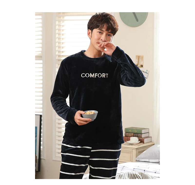 cotton pyjama set JULY'S SONG Men Flannel Pajamas Sets Winter Warm Sleepwear Simple Striped Letters Coral Fleece Thick O-Neck Suit Pyjamas For Man cotton short pyjamas