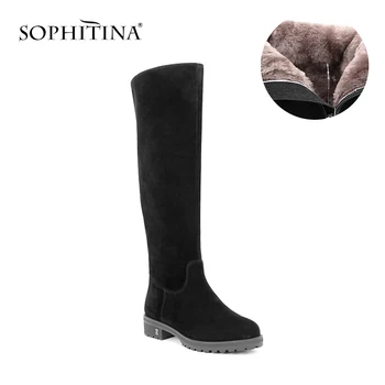 

SOPHITINA Black Kid Suede Woman Knee-high Boots Round Toe Warm Plush Wool Fur Winter Boots Solid Handmade Leather Shoes B32