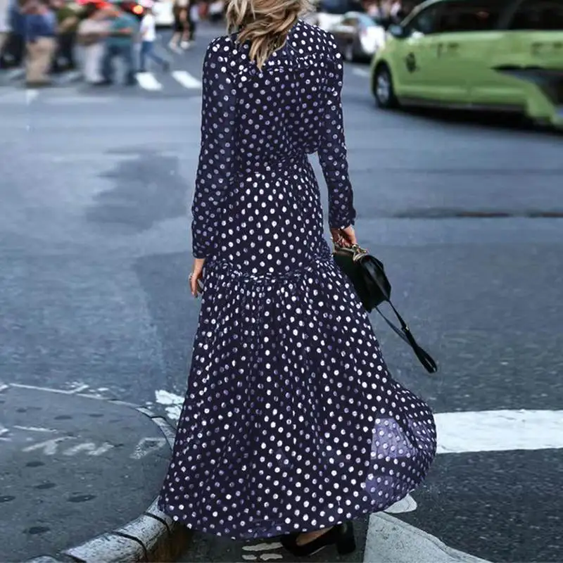 Осеннее платье в горошек ZANZEA Модные женские сексуальные v-образный вырез элегантные дамские платья вечерние длинный макси шифоновый Vestido женский халат