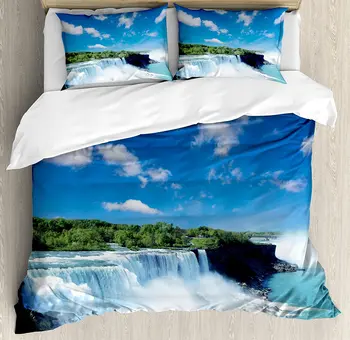 

Waterfall Duvet Cover Set Big Powerful Niagara Waterfalls Flowing Fastly 3 Piece Bedding Set with Pillow Sham Queen Size Blue