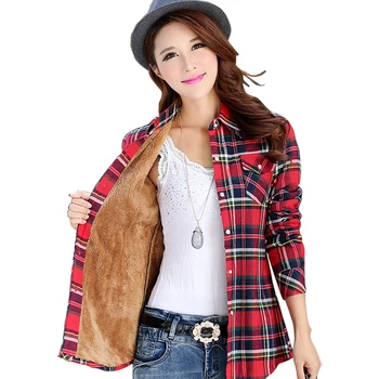 

Warm female plaid shirt female cotton Autumn and winter long-sleeved plaid plus velvet warm shirtes
