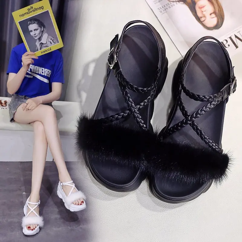 

Sandals women 2020 new summer fashion wild woven models sandals women muffin thick bottom increased hairy sandals Z1015