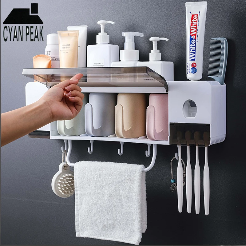 

Automatic Wall Mount Toothbrush Holder with Cups Toothpaste Squeezer Dispenser Storage Rack Box Bathroom Accessories Set