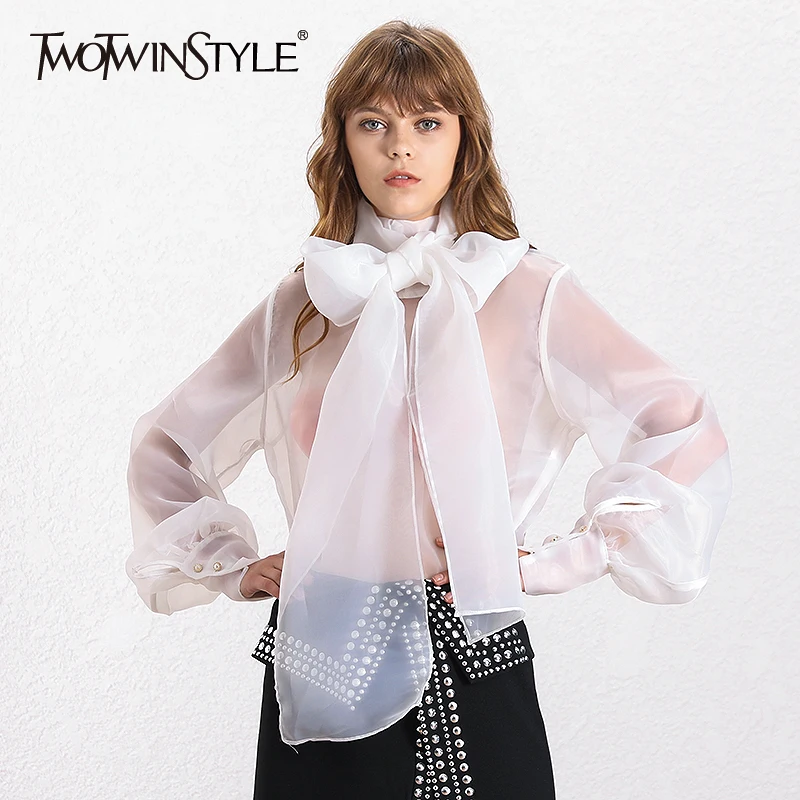

TWOTWINSTYLE Elegant Perspective Womens Tops And Blouses Lantern Sleeve Lace Up Plus Size Shirts Female 2019 Autumn Fashion New