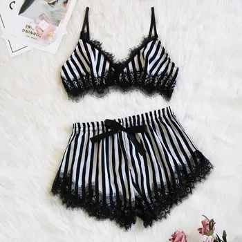 

Striped Sexy Lingerie Women 2020 Cute Bow Black Porno Underwear For Ladies Pajamas Set With Bras And Shorts Baby Doll Costumes