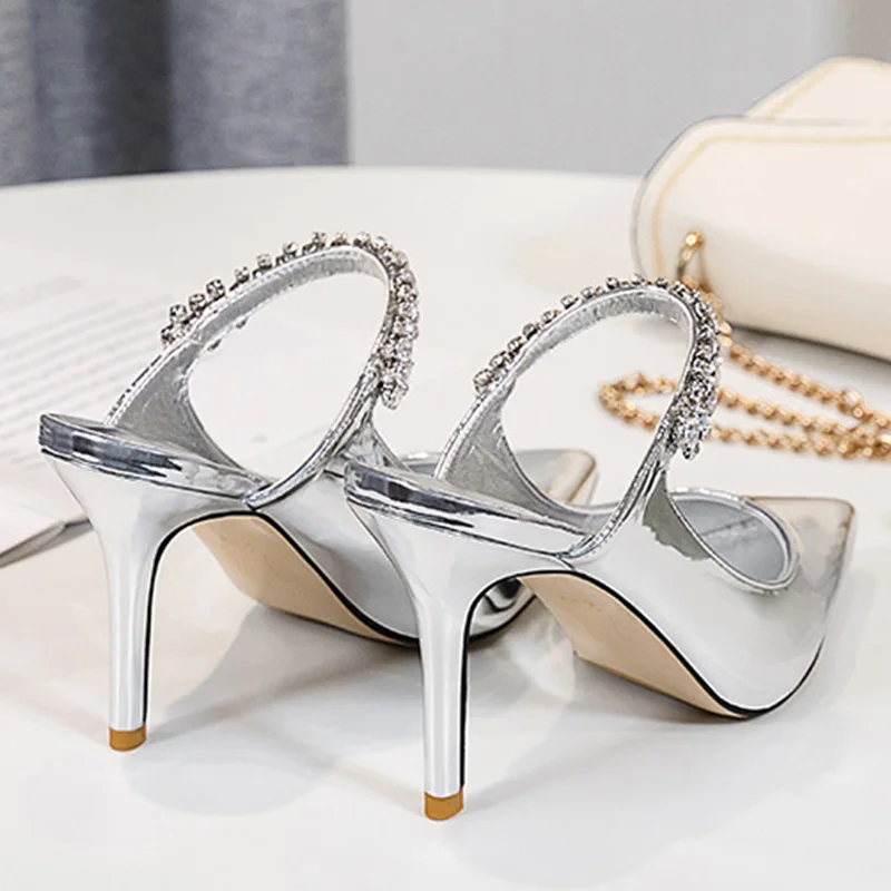 WEIQIAONA Spring and summer foot ring strap shoes  low heel stiletto pointy shoes mesh rhinestone sandals