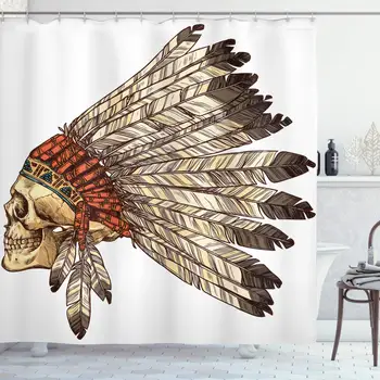 

Tribal Shower Curtain, Hand Drawn Style Headdress with Human Skull Print, Cloth Fabric Bathroom Decor Set with Hooks Brown Cream