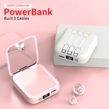 Mini 20000mAh Power Bank With Makeup Mirror Built-in Three Micro USB Cable External Battery Charger for iPhone 12 Power Bank