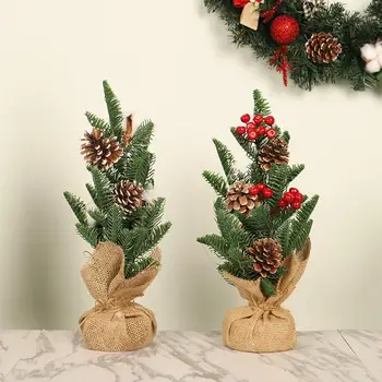

Mini Christmas Tree 15inches PE Red Fruit Pine Cone Linen Bottom Desktop Potted Pinecone Christmas Tree Home Table Decoration