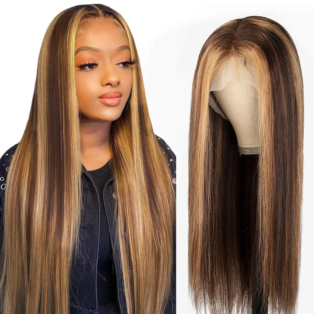 

YEZ Highlight Wig Human Hair Ombre Straight Lace Front Wig Brown Colored Hd Transparent Lace Frontal Wig Y63961