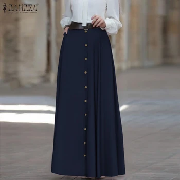 

ZANZEA 2020 Fashion Women Maxi Skirt Ladies High Waist A Line Skirts Vintage Faldas Mujer Casual Loose Pockets Long Jupe Femme
