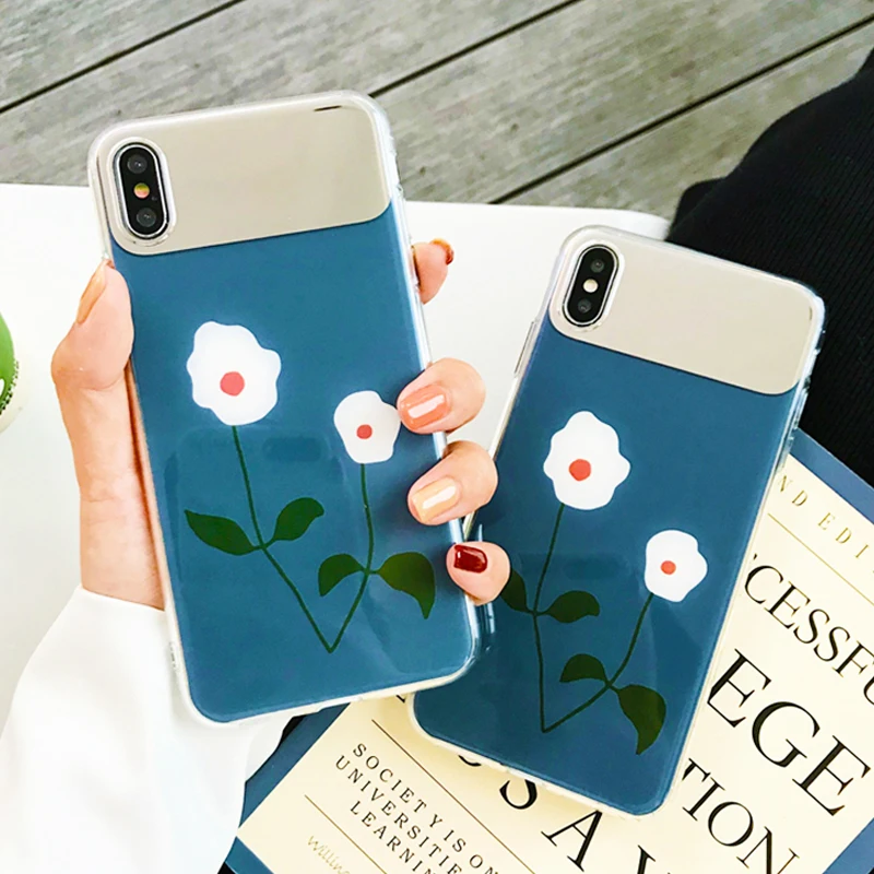 

Luxury Flower Daisy Makeup Mirror Glitter Case For iPhone X XR XS Max Silicone Cover Cute Flower IMD Soft TPU Glossy Phone Cases