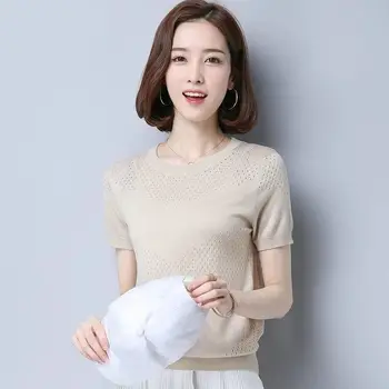 

Three Quarter Sleeve cut-out blouse 2020 new women's summer short collection waist tie knit thin medium sleeve top