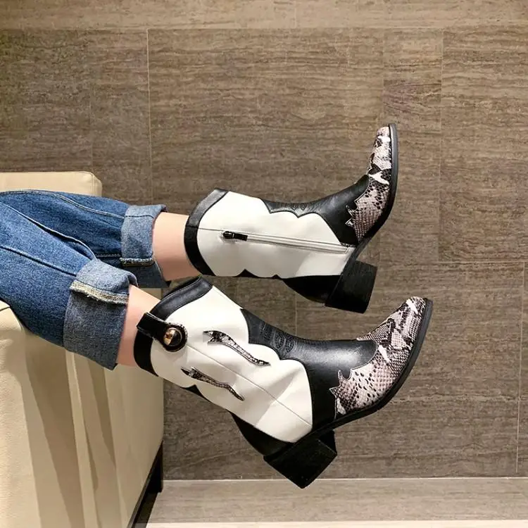

Patchwork Ankle Boots For Women Pointed Toe Chunky Heels Zapatos De Mujer Side Zipper Botas Mixed Color Snake Leather Shoes Lady