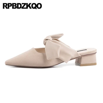 

suede elegant women shoes low heels pointed toe bow block size 4 34 mary jane chic 2019 strap pumps chunky cute genuine leather