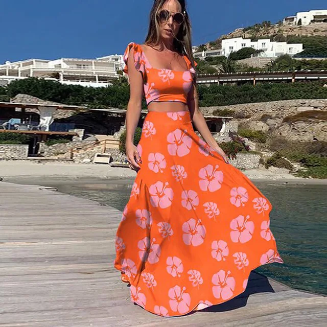 Large Size Summer 2 Piece Set Women Crop Top + High Waist Long Skirt Set  Maxi Matching Sets Printed Boho Sexy Beach Dresses Set - Dress Sets -  AliExpress
