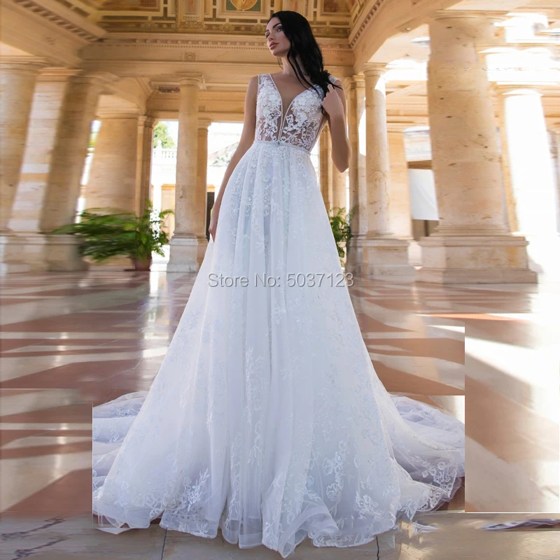 Vestido De Noiva A Line Свадебные платья с v-образным вырезом и бисером без рукавов с кружевным орнаментом Свадебные платья со шлейфом и пуговицами