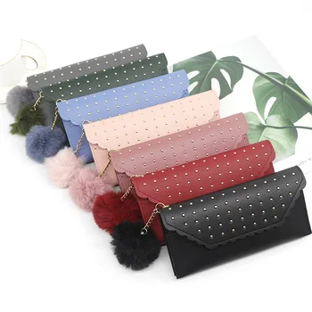

2020 New Women's Long Wallet Rivet Nail Solid Color Furry Ball Coin Purse Women's Handbag for wholesale