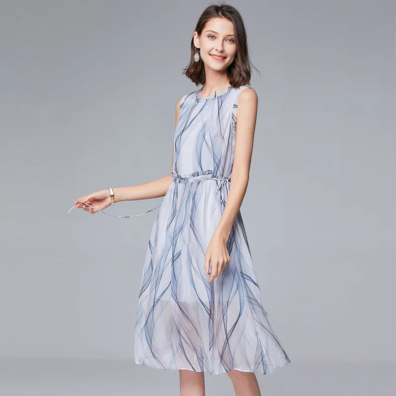  - 2020 new women's middle school long sleeveless fungus edge waist drawstring stripe elegant Fairy Dress