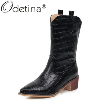 

Odetina Women Fashion Block Stacked Mid Heel Mid Calf Boots Lady Retro Pointed Toe Plaid Checkered Pull On Winter Western Boots