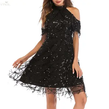 

Fashion Clubwear Sequin Dress Halter Dew Shoulder Black Dress Elegant A-line Tassel Short Sleeves Party Dresses Womens Clothing