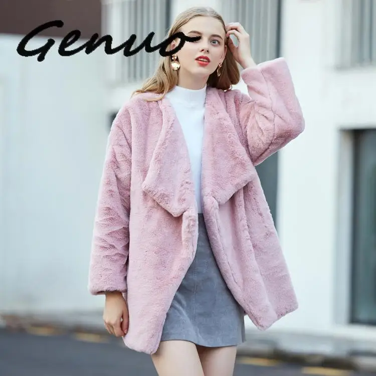 Genuo New Winter Elegant Women Faux Rabbit Fur Coat White Pink Oversize Faux Fur Coats Fluffy Jacket Women Long Fur Coat