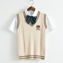 Японский кавайный вязаный свитер для женщин, винтажная школьная форма для девочек-подростков, жилет с милым мультяшным медведем, джемпер без рукавов с вышивкой