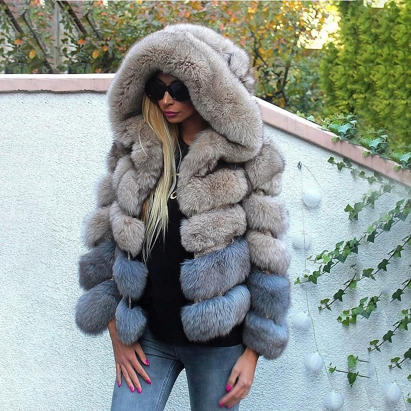 Модная женская куртка из натурального меха голубой лисы с капюшоном, пальто из натурального меха лисы для женщин, роскошное пальто, зимнее меховое пальто