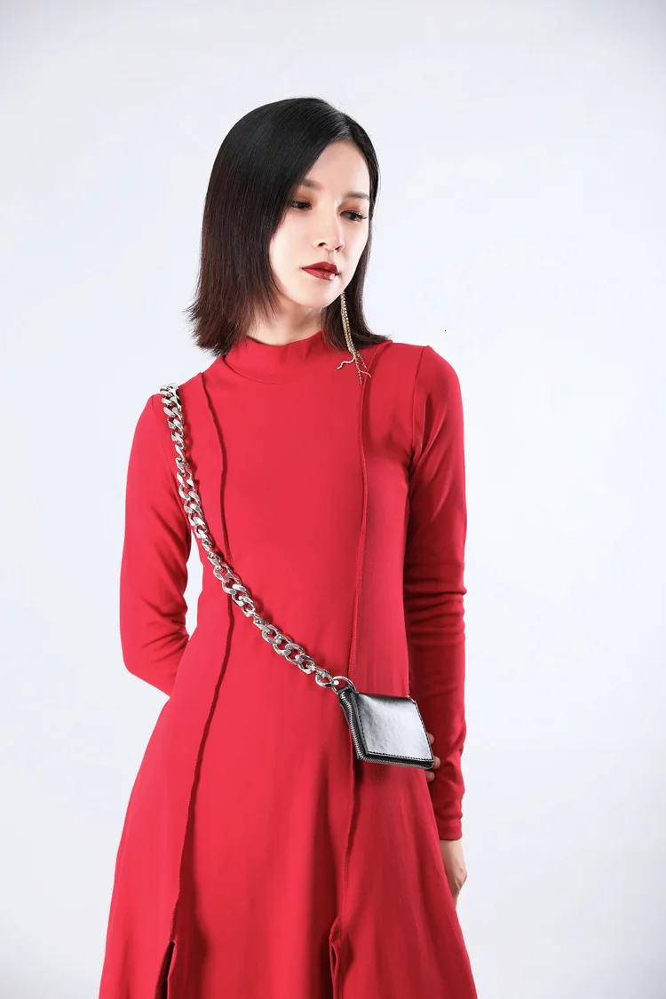 [EAM] Women Dress New Stand Neck Long Sleeve Loose Fit Split Joint Spliced Sheath Temperament Fashion Spring Autumn JZ343