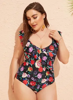 

New Floral Women Push Up Swimwear One Piece Plus Size Ruffled Swimsuit Sexy Female Large Size Big Swimming Suit