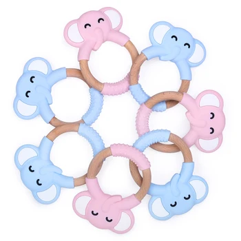 

Chenkai 1PCS Baby Silicone Elephant Teether Wooden Ring Teething BPA Free For DIY Infant Chewable pendant Nursing Bracelet Toys