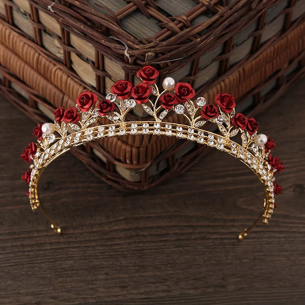 Jewelry Accessories Hair Accessory Hair Headdress Bridal Headwear Hair Band Crown 1 Pc Vintage Headwear Green/Red Rose Crystal Crown Elegant Hairband Tiara Bridal Party Jewelry Wedding Hair Accessories